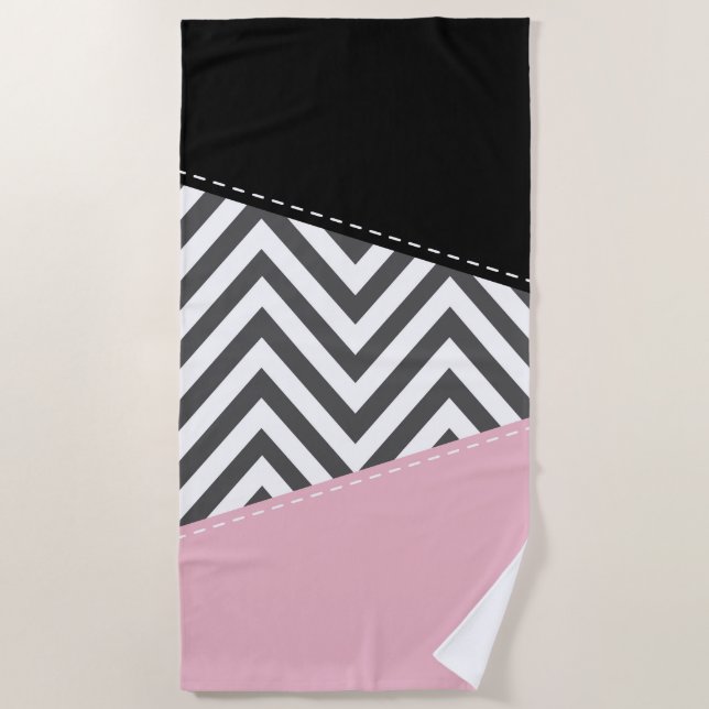 Serviette De Plage Gris Zigzag, Gris Chevron, Motif Zigzag, Rose (Devant)