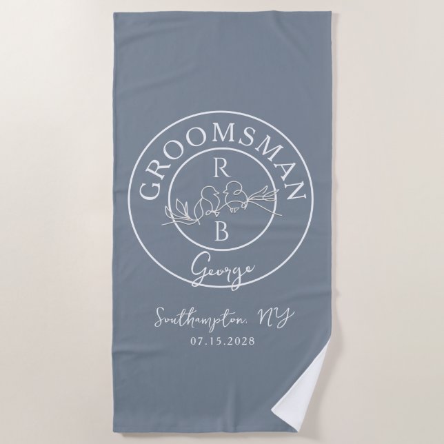 Serviette De Plage Groom de Mariage Monogramme Bleu Poussière (Devant)