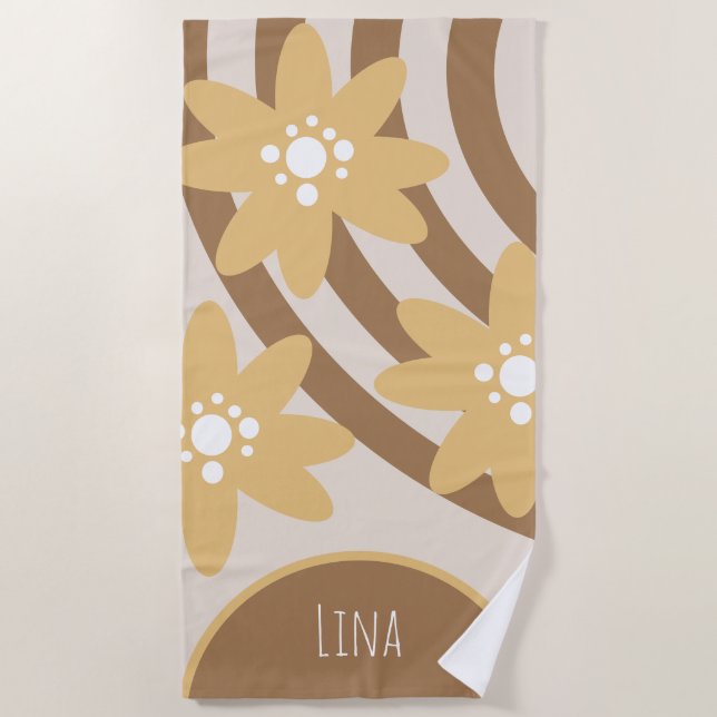Serviette de plage Groovy Florals Jaune Marron Nom (Devant)