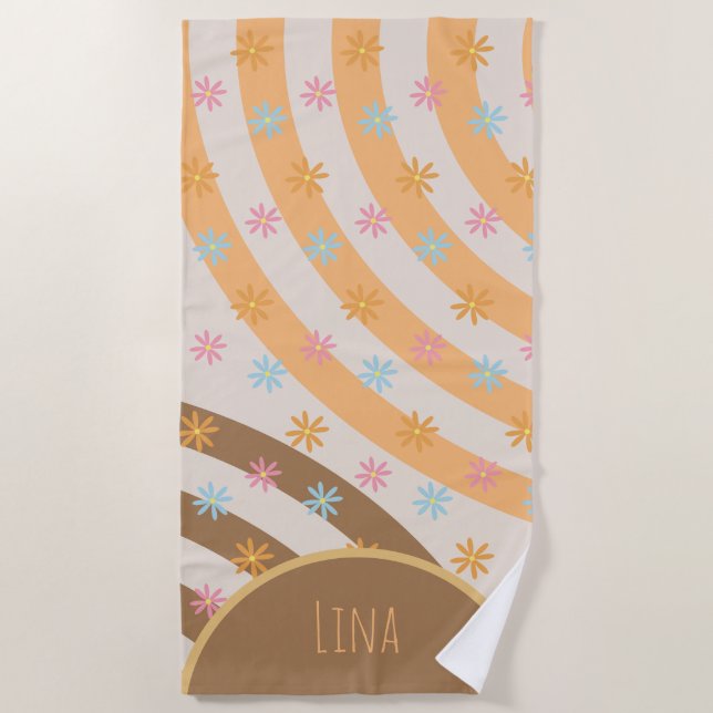 Serviette de plage Groovy Florals Rainbows Nom (Devant)