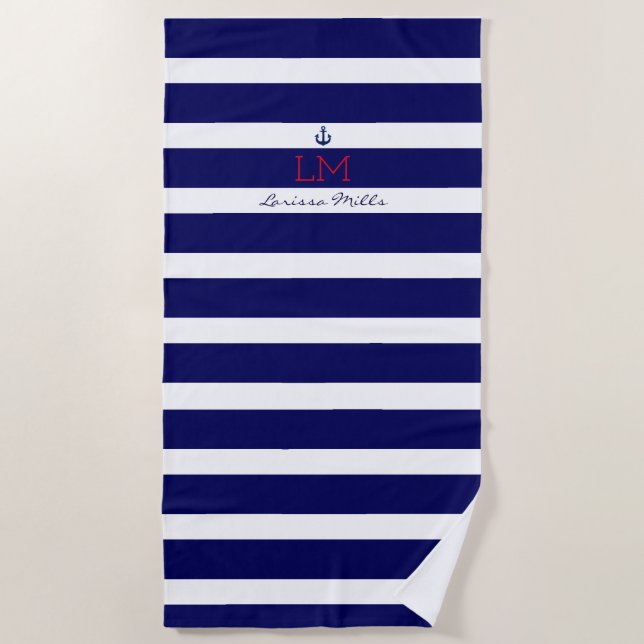 Serviette De Plage gros bleu marine rayures nautiques avec monogramme (Devant)