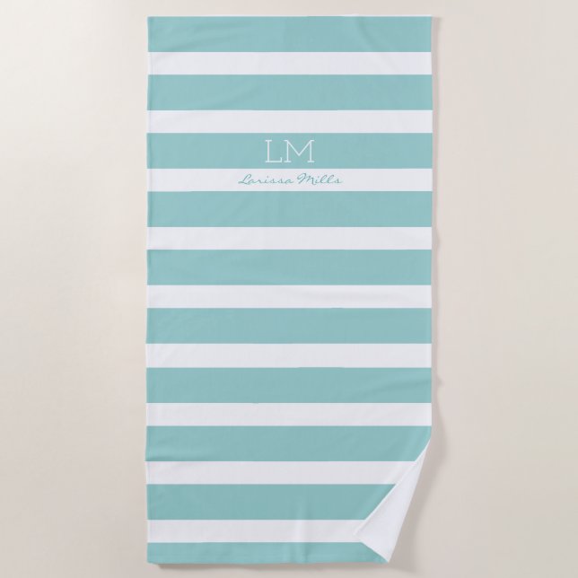 Serviette De Plage gros bleu turquoise nautique rayures monogrammed (Devant)