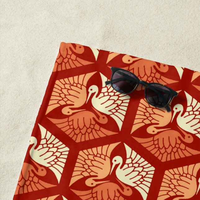 Serviette De Plage Grues japonaises, mandarin et orange clair (En situation)