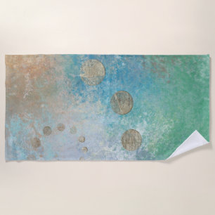 Serviette De Plage Grunge Côtière Aquarelle bleu et vert or