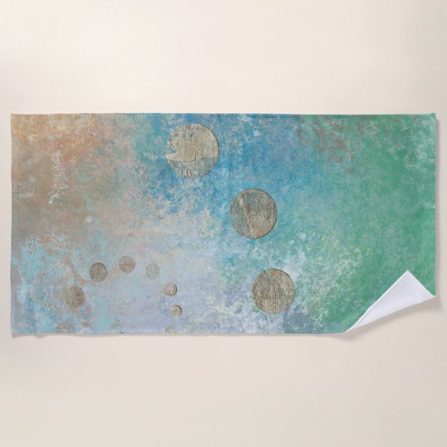Serviette De Plage Grunge Côtière | Aquarelle bleu et vert or (Devant)