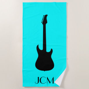 Serviette De Plage Guitare électrique noire moderne Monogram / bleu a