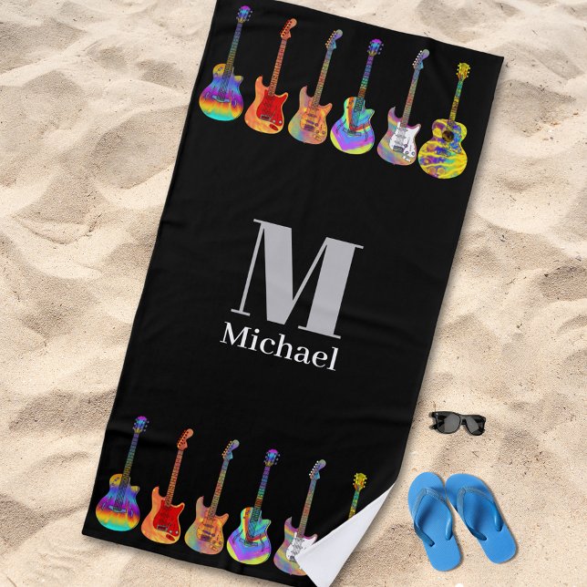 Serviette De Plage Guitares psychédéliques personnalisées Noir (Guitar pattern custom monogram beach towel with funky psychedelic guitars on black for musicians )