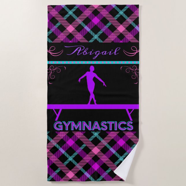 Serviette De Plage Gymnastique Poutrelle rose violet Turquoise Tartan (Devant)
