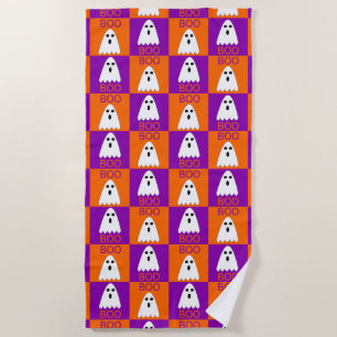 Serviette De Plage Halloween Boo Ghost Purple et Carrés orange