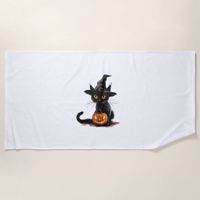 Serviette De Plage Halloween Citrouille de chat (Devant)