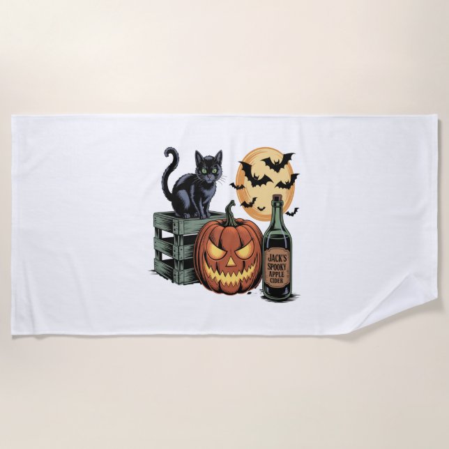 Serviette De Plage Halloween de la bière de chat citrouille (Devant)