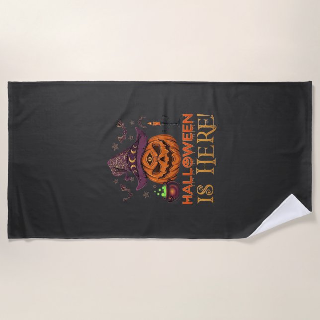 Serviette De Plage Halloween Est Là Chapeau De Sorcière Citrouille Ch (Devant)
