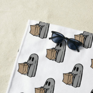 Serviette De Plage Halloween, Gentil Fantôme Gris, Friandise ou Farce