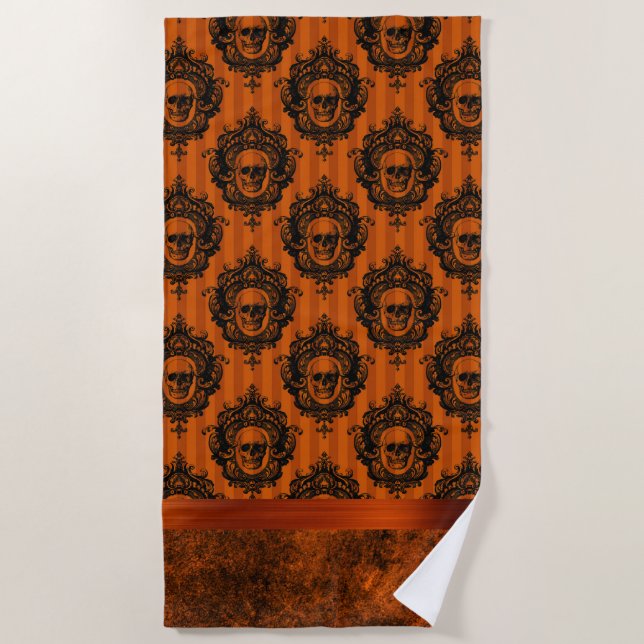 Serviette De Plage Halloween gothique chic | Crânes orange et noirs (Devant)