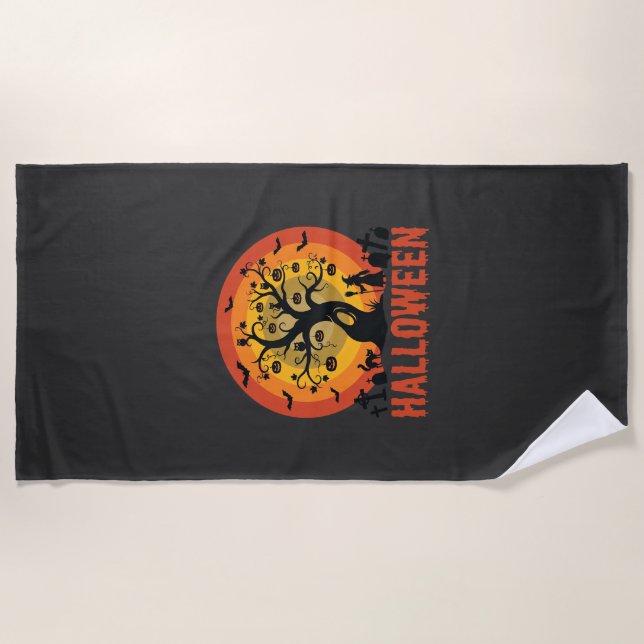 Serviette De Plage Halloween Haunted Tree Witch and Black Cats (Devant)