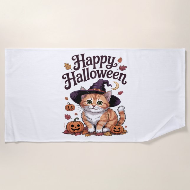 Serviette De Plage Halloween heureux Citrouille de chat (Devant)
