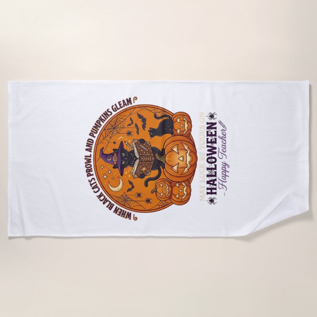 Serviette De Plage Halloween Joyeux Professeur Chat Noir Sorcière Cha (Devant)