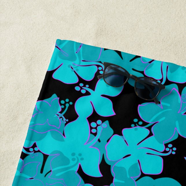 Serviette De Plage Hanalei Hawaiian Hibiscus Camo Floral - Turquoise (En situation)