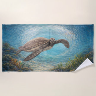 Serviette De Plage Hand-Painted Sea Turtle in Ocean Vortex 