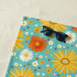 Serviette De Plage Happy Daisy Flower Motif Blue
