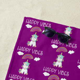 Serviette De Plage Happy Vibes Typographie Arc-en-ciel et Motif Unico