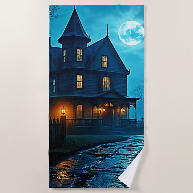 Serviette De Plage Haunted Mansion Blue Moonlight Night Design (Devant)