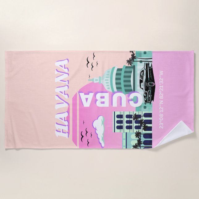Serviette De Plage Havana Cuba Pink Travel Art (Devant)