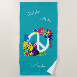 Serviette De Plage Hawaien Paix Amour Nom Personnalisé Océan Bleu