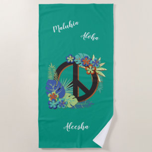 Serviette De Plage Hawaiian Peace Love Nom personnalisé Sea Green