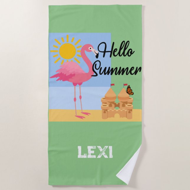 Serviette De Plage Hello Summer Pink Flamant rose Design - Beach Towe (Devant)