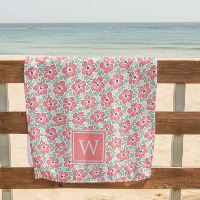 Serviette De Plage Hibiscus de corail Monogramme (Créateur téléchargé)