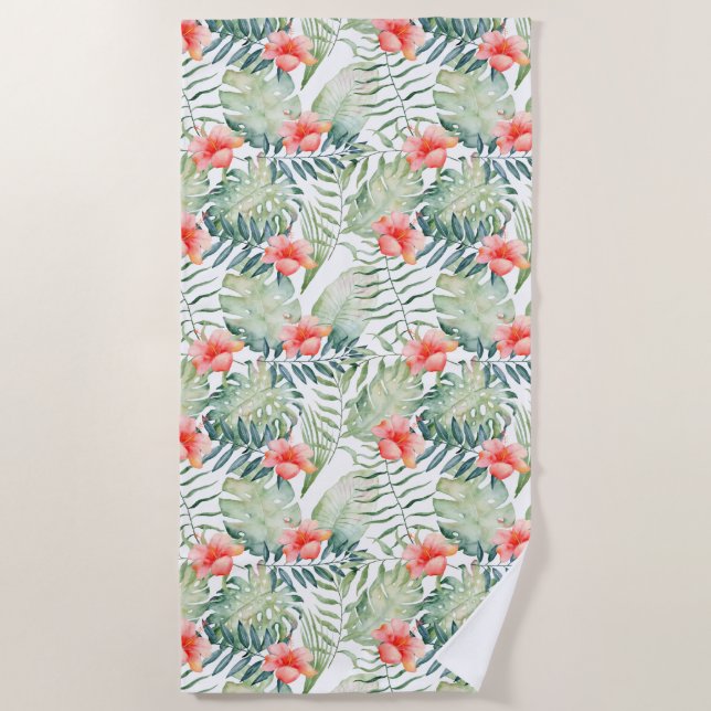 Serviette De Plage Hibiscus Feuille tropical Aquarelle florale (Devant)