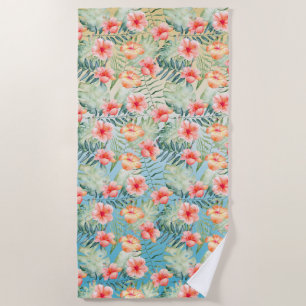 Serviette De Plage Hibiscus Floral de Pêche Rose Aqua Jaune