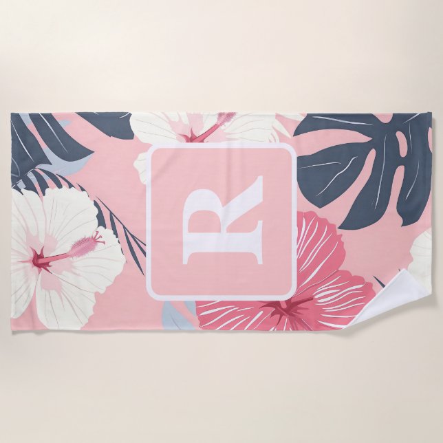 Serviette De Plage Hibiscus tropical Monogramme personnalisé (Devant)