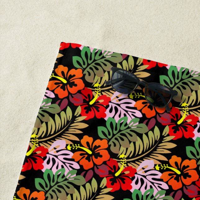 Serviette De Plage Hibiscus Tropical Orange et Rouge (En situation)
