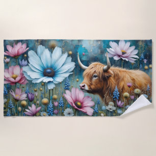 Serviette De Plage Highland Cow Floral Coloré Cosmos Tapestry II