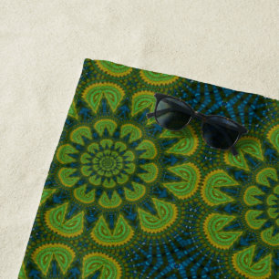 Serviette De Plage Hippie Abstraite Vert & Marine Fleurs Bleues Ethni
