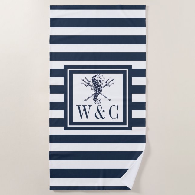 Serviette De Plage Hippocampe rayure bleu marine nautique monogramme  (Devant)