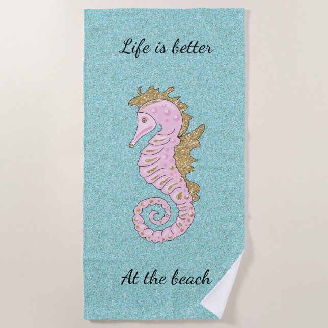 Serviette de plage hippocampe scintillant rose et  (Devant)