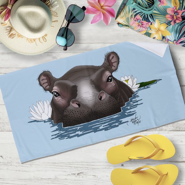 Serviette De Plage Hippopotame Lotus Blanc Bleu (Créateur téléchargé)
