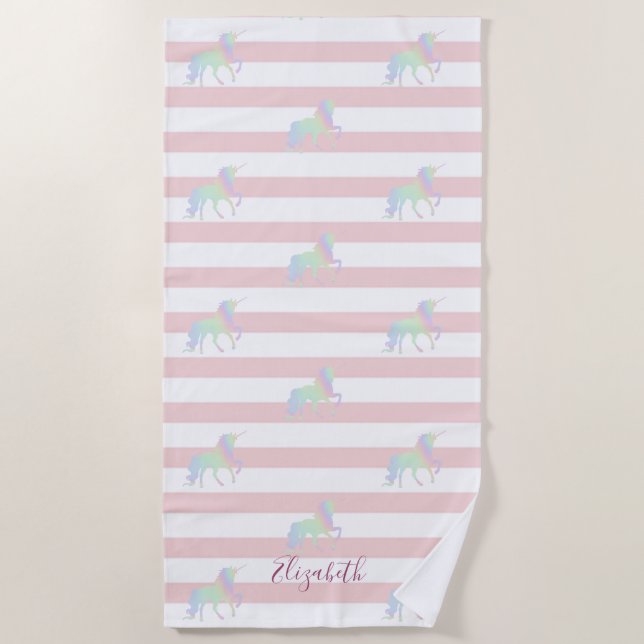 Serviette De Plage Holographique Unicorne rayures Personnalisées (Devant)