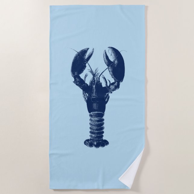Serviette De Plage Homard de bleu marine sur bleu-clair (Devant)