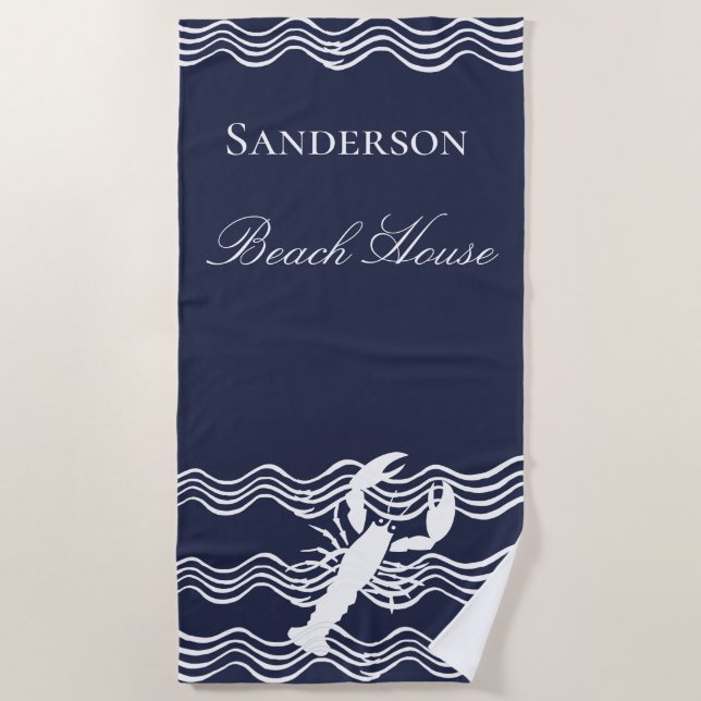 Serviette De Plage Homard marine bleu blanc (Devant)