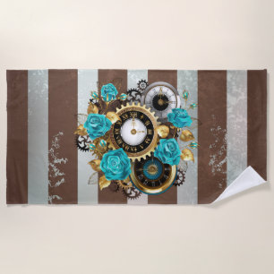Serviette De Plage Horloge à vapeur et Roses turquoise sur le sol