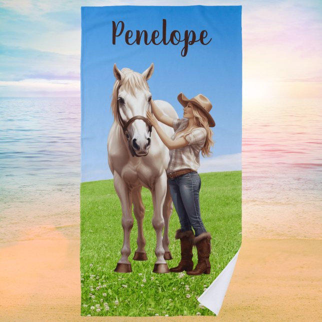 Serviette De Plage Horse Girl Horseback équitation Meadow Personnalis (Horse girl personalized beach towel)