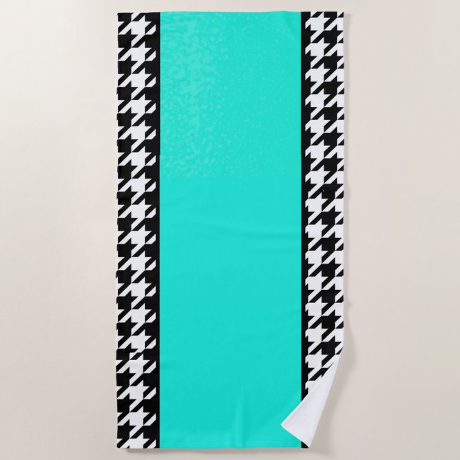 Serviette De Plage Houndstooth, turquoise, noir et blanc à damiers (Devant)