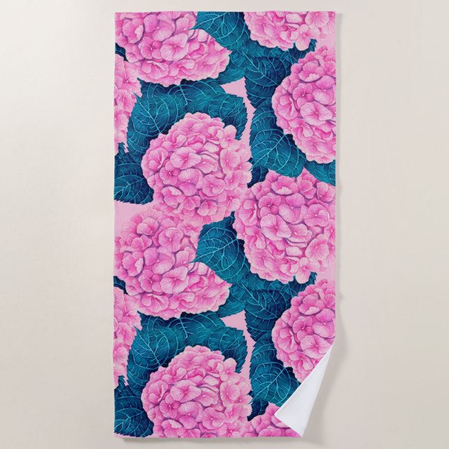 Serviette De Plage Hydrangea aquarelle motif, rose et bleu (Devant)