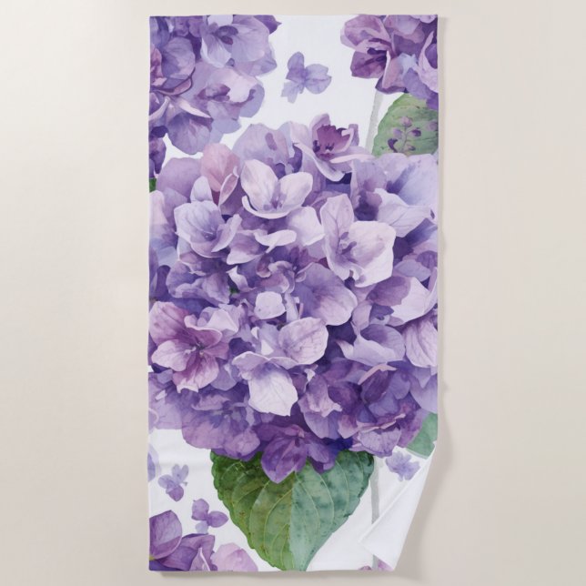 Serviette De Plage Hydrangea Violette Fleur Lavande Aquarelle  (Devant)
