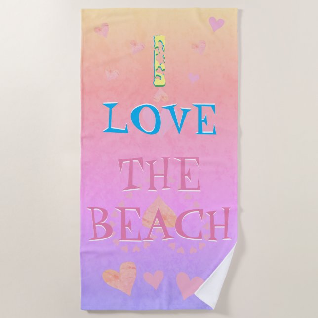 Serviette De Plage "I love beach" Beach Sunrise & Hearts (Devant)
