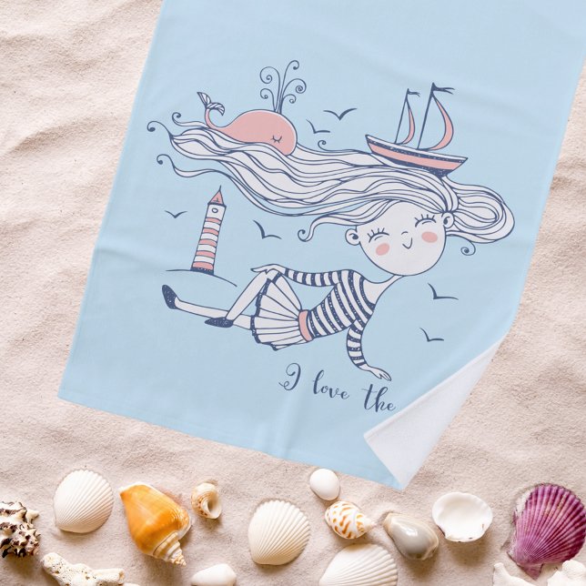 Serviette De Plage I Love the Sea Whimsical Nautical Personnalisé (Créateur téléchargé)
